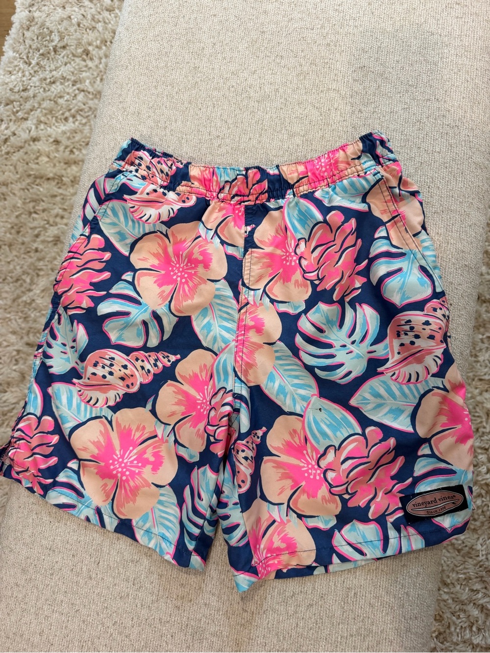 Vineyard Vines Navy Kids Swim Trunks with Pink & Peach Floral